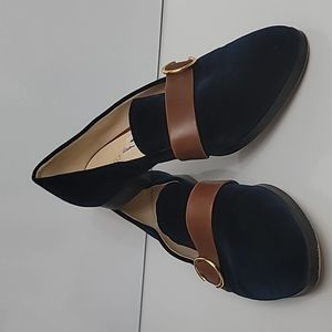Nine West Women's Deep Blue Huff Loafer with Brown Strap and Gold Buckle - Sz 12